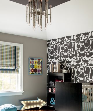 Black and white nursery with whale wallpaper by Karen B Wolf