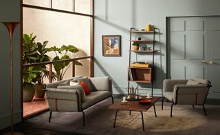 The finished designs include a love seat, a lounge chair, a coffee table and a shelf unit...
