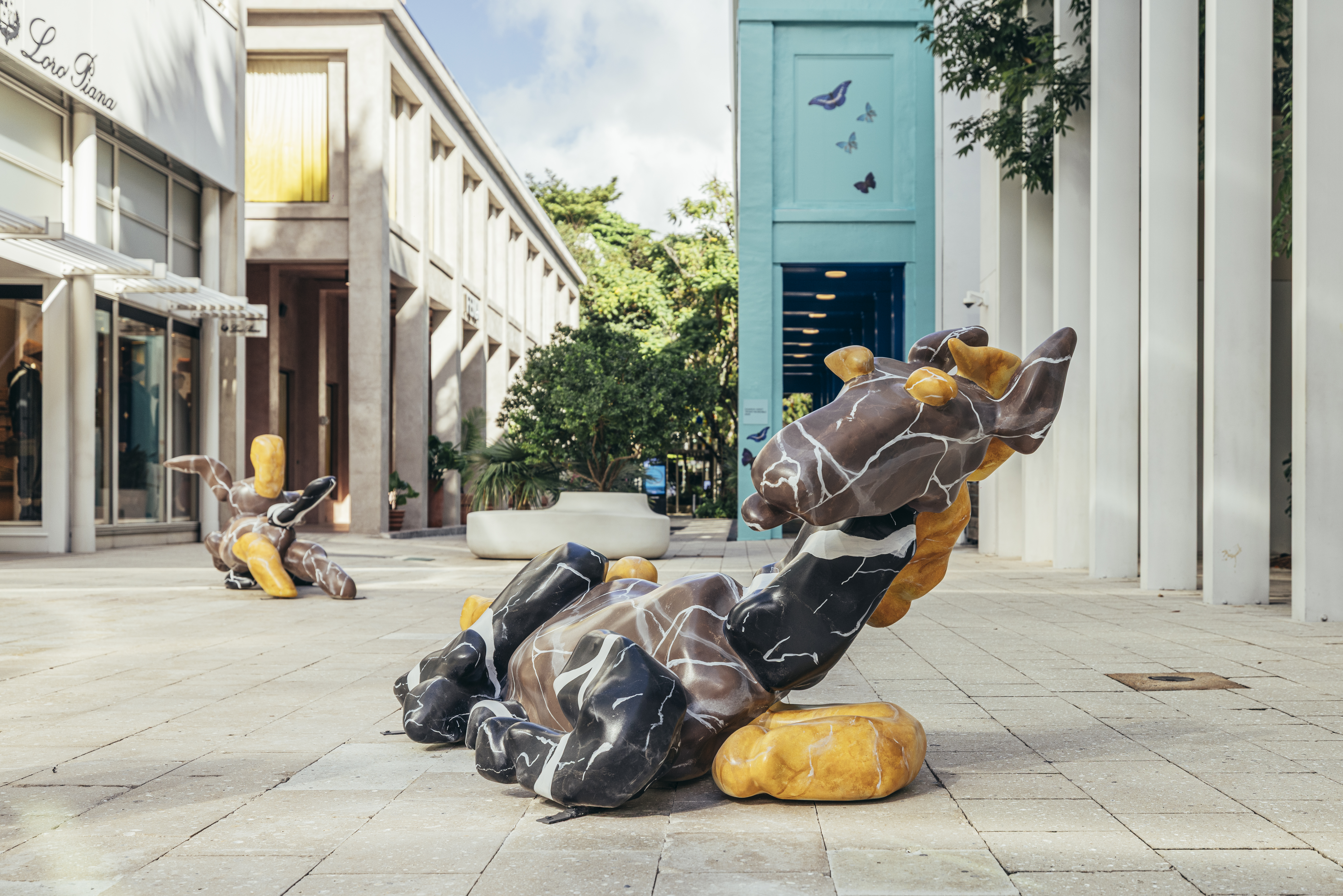 Stone animals installed at Miami Design District, created by Katie Stout
