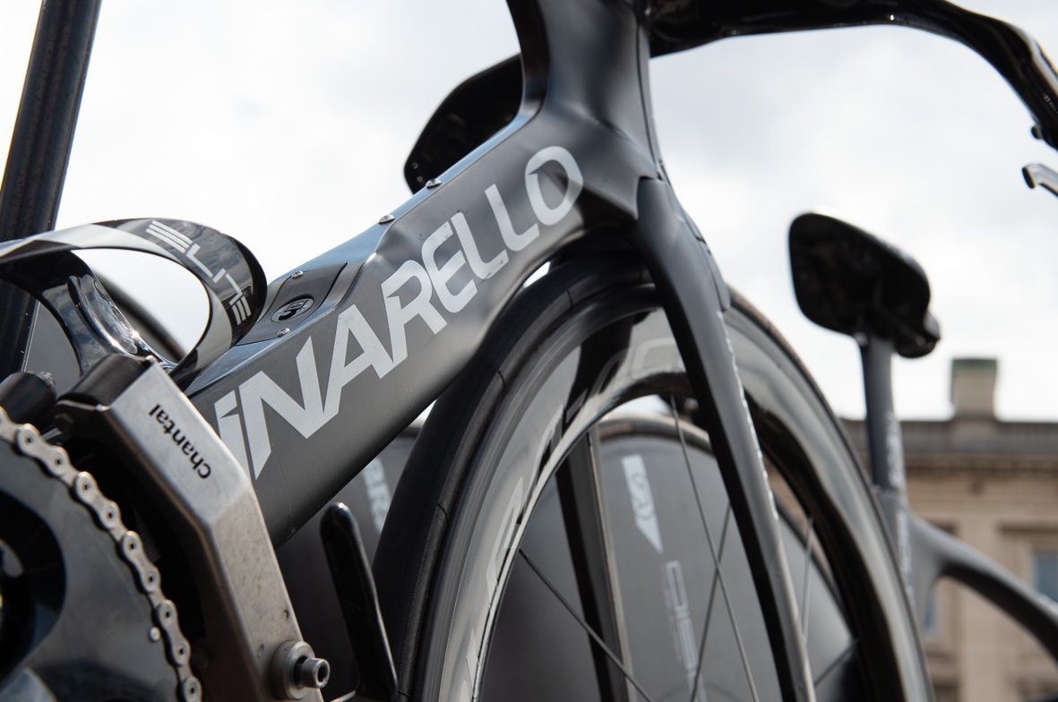 A look at the unique down tube design on the Pinarello Bolide