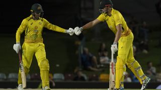 Alex Carey and Cameron Green of Australia celebrate during game one of the One Day International Series between Australia and New Zealand at Cazaly's Stadium