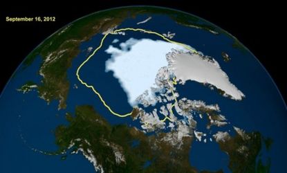 A NASA satellite image shows the new record low Arctic ice extent (white) and where the ice was 30 years ago (yellow line).