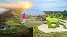 Holes at Palmares and Monte Rei and an insert of a golfer hitting a drive
