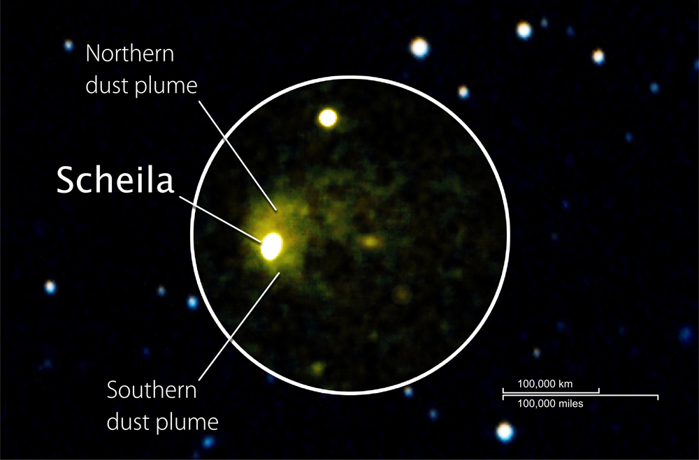 Faint dust plumes bookend asteroid (596) Scheila, which is overexposed in this composite. Visible and ultraviolet images from NASA's Swift space observatory are merged with a Digital Sky Survey image of the same region. The Swift images were acquired on Dec. 15, 2010, when the asteroid was about 232 million miles from Earth.