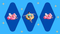 three women relaxing on pool floats on a blue background meant to symbolize calming cancer season