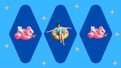 three women relaxing on pool floats on a blue background meant to symbolize calming cancer season