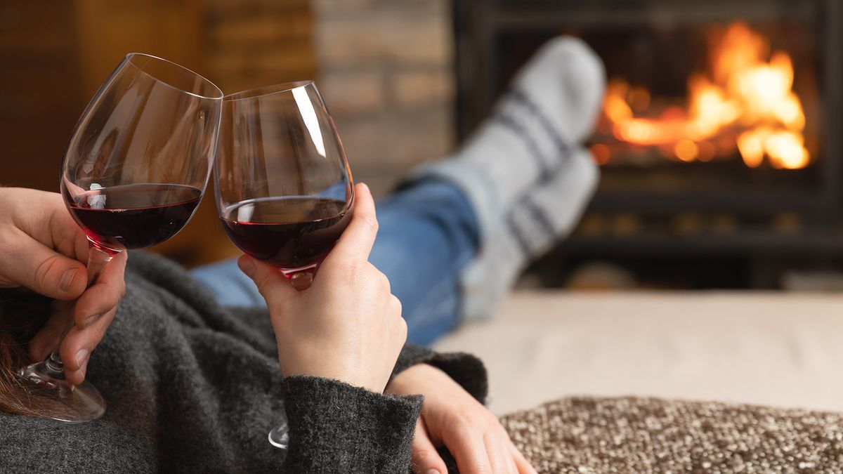 Couple enjoyed a glass a red wine by a cozy fire