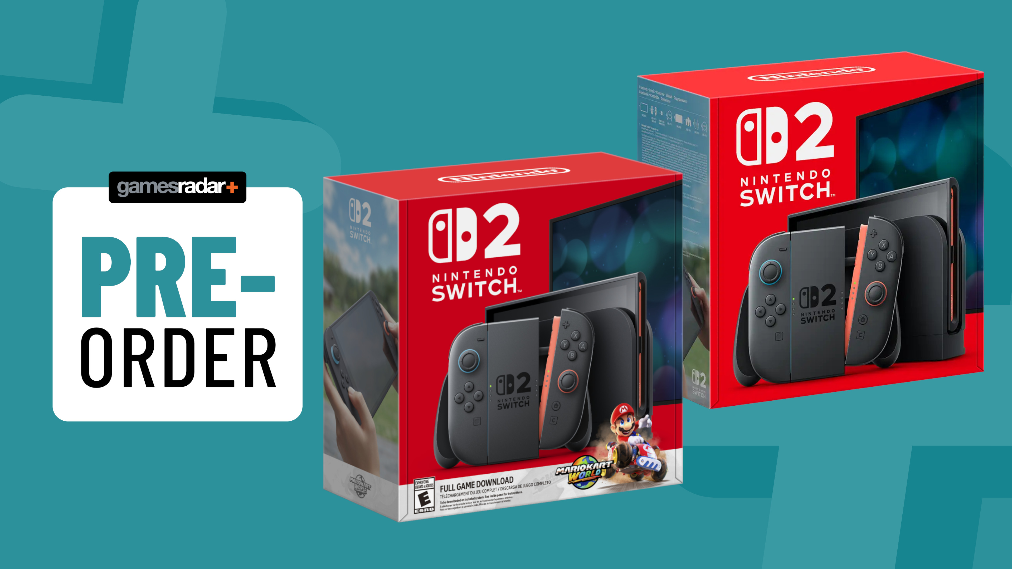 Nintendo Switch 2 boxes on a blue background with pre-order badge
