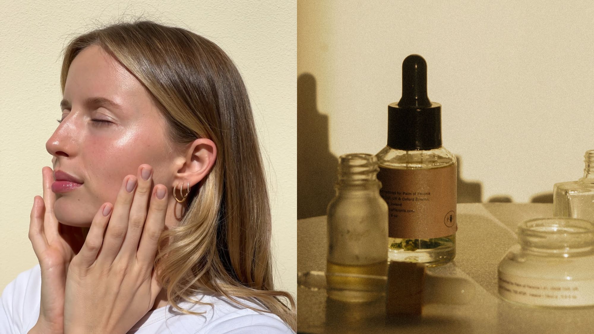 A collage of a woman with glowing skin and skincare products.