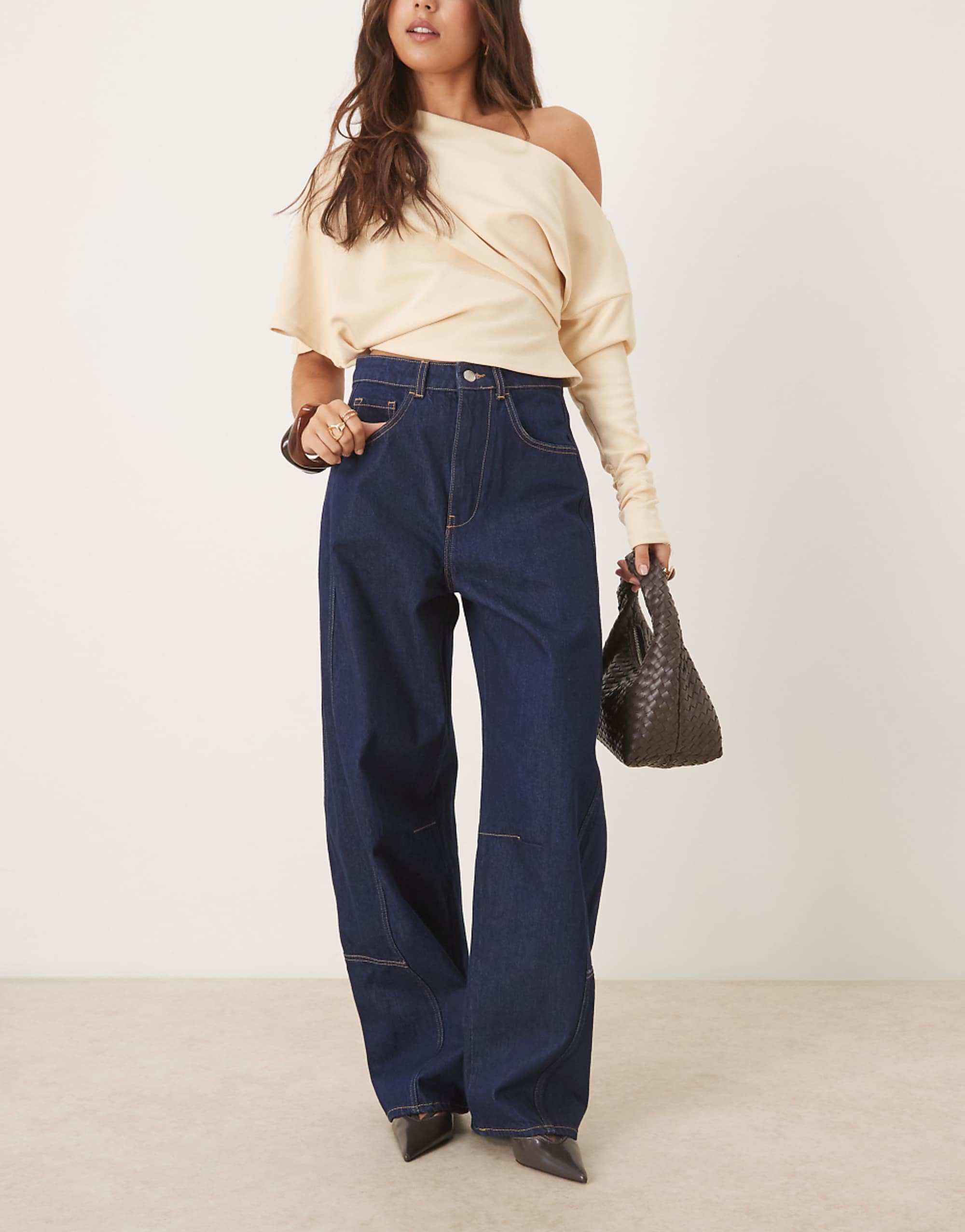 Asos Design High Waist Barrel Leg Jean With Panel Detail in Rinse