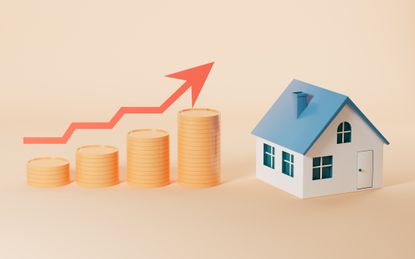 stacks of coins getting higher with a red arrow and a miniature house