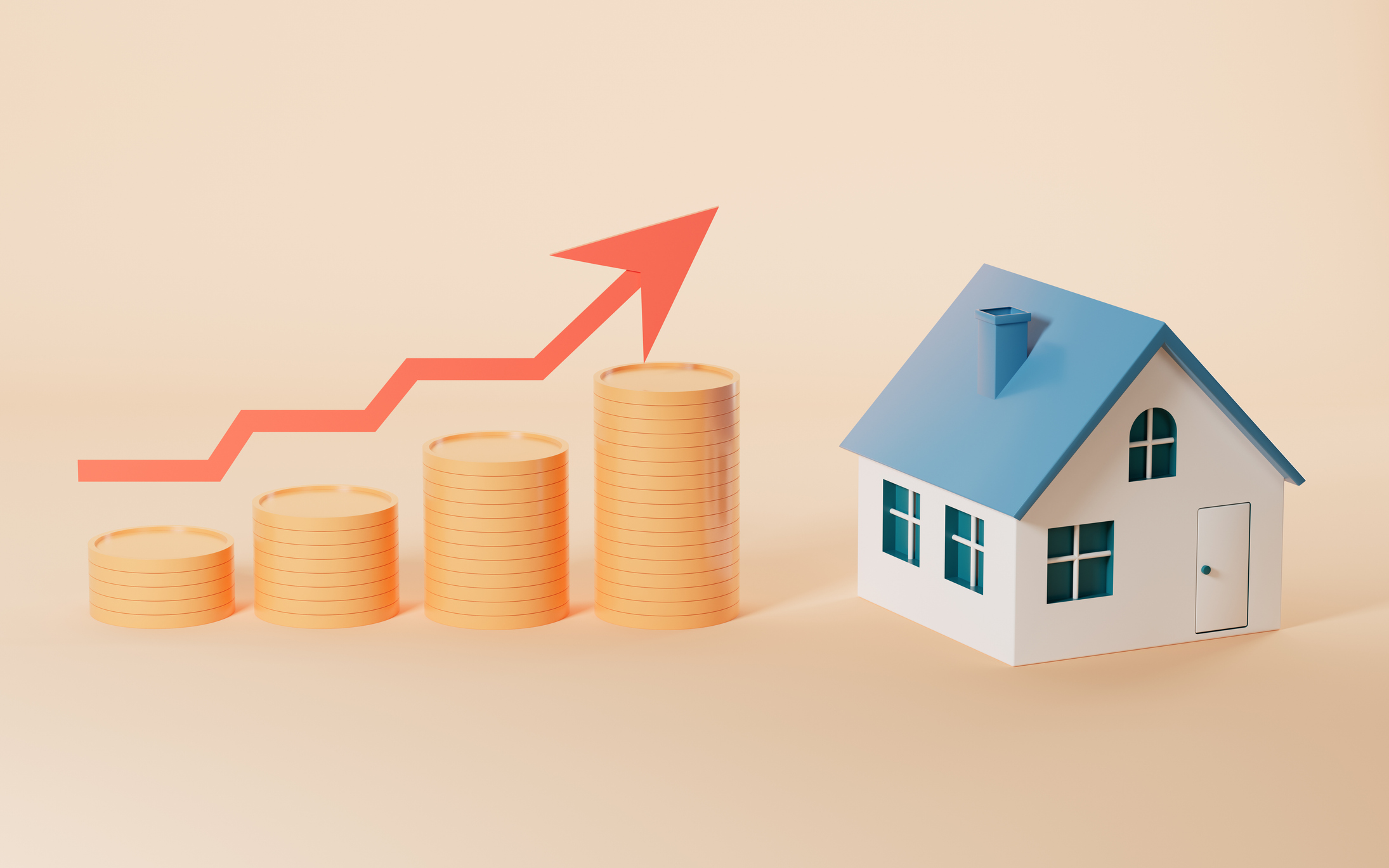 stacks of coins getting higher with a red arrow and a miniature house