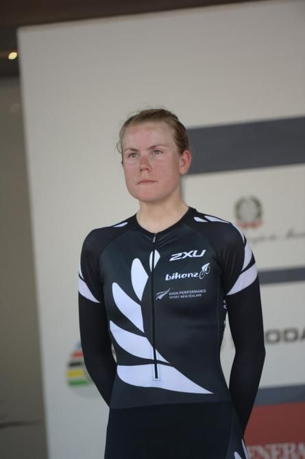 Linda Villumsen (New Zealand) on the podium to receive her silver medal for the time trial world championship