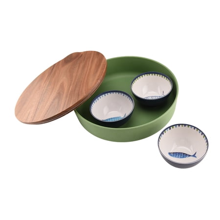 Beautiful Serve Bowl 14.6" X 6" Bamboo Melamine With Sardine Dip Bowls and Wood Lid, Multi-Color by Drew Barrymore