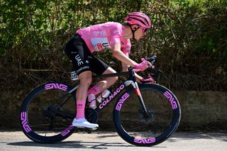BOCCA DELLA SELVA ITALY MAY 14 Tadej Pogacar of Slovenia and UAE Team Emirates Pink Leader Jersey competes during the 107th Giro dItalia 2024 Stage 10 a 142km stage from Pompei to Cusano Mutri Bocca della Selva 1389m UCIWT on May 14 2024 in Bocca della Selva Italy Photo by Tim de WaeleGetty Images