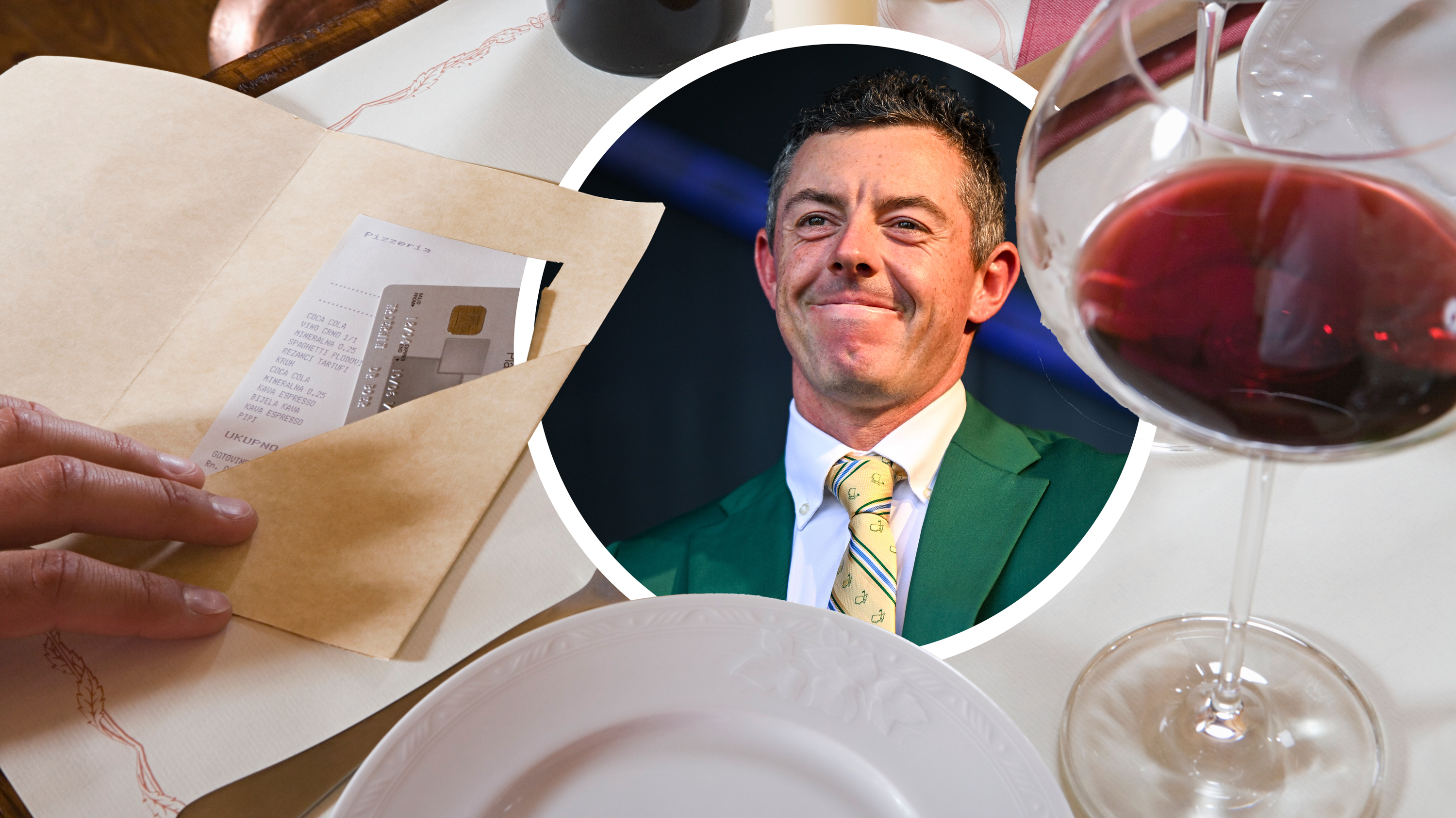 Rory McIlroy, defending champion and host of the Masters Champions Dinner 2026, in the centre of a table set out with a bill, a plate and a glass of red wine