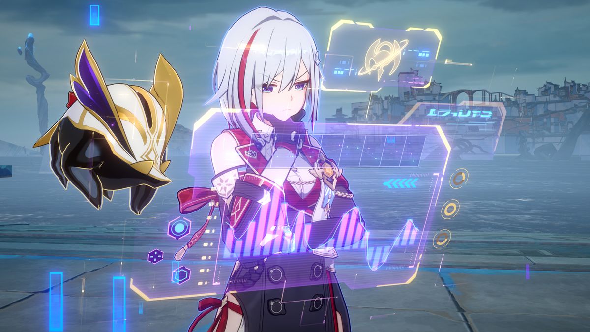 The Honkai: Star Rail duo character Topaz and Numby consider a set of holographic screens.