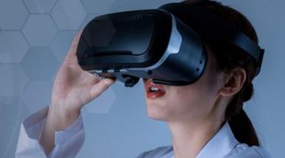 Woman wearing VR helmet