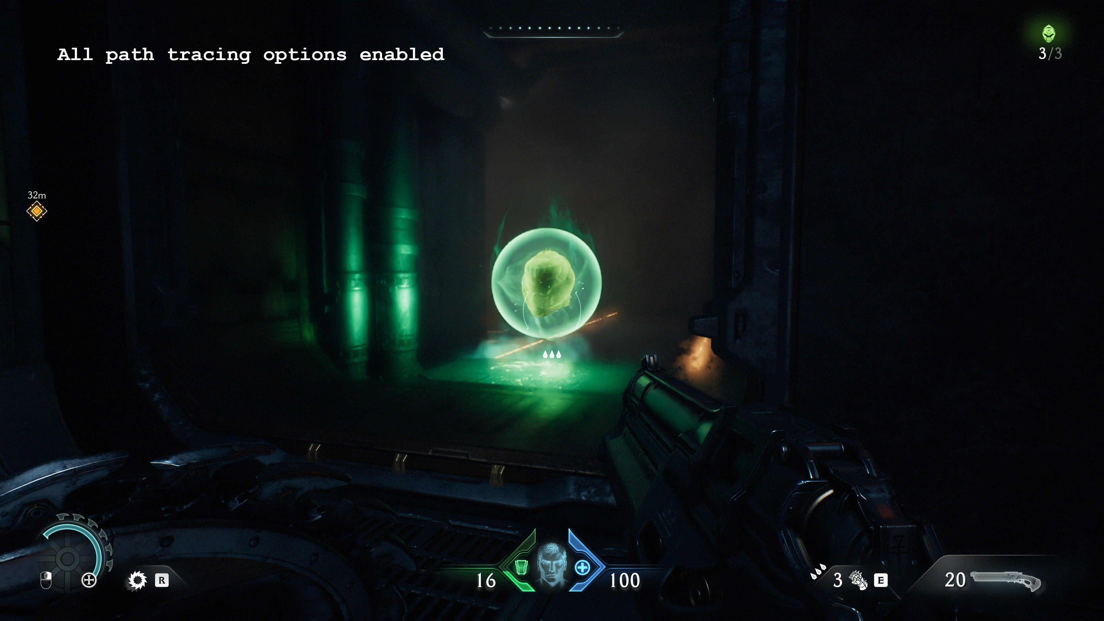 A screenshot of the PC version of Doom: The Dark Ages, showing the visual impact of using path tracing