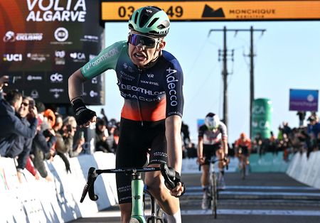 FOIA, PORTUGAL - FEBRUARY 19: Paul Seixas of France and Team Decathlon CMA CGM celebrates at finish line as stage winner during the 52nd Volta ao Algarve em Bicicleta 2026, Stage 2 a 183.5km stage from Portimao to Foia (Monchique) 882m on February 19, 2026 in Foia, Portugal. (Photo by Dario Belingheri/Getty Images)