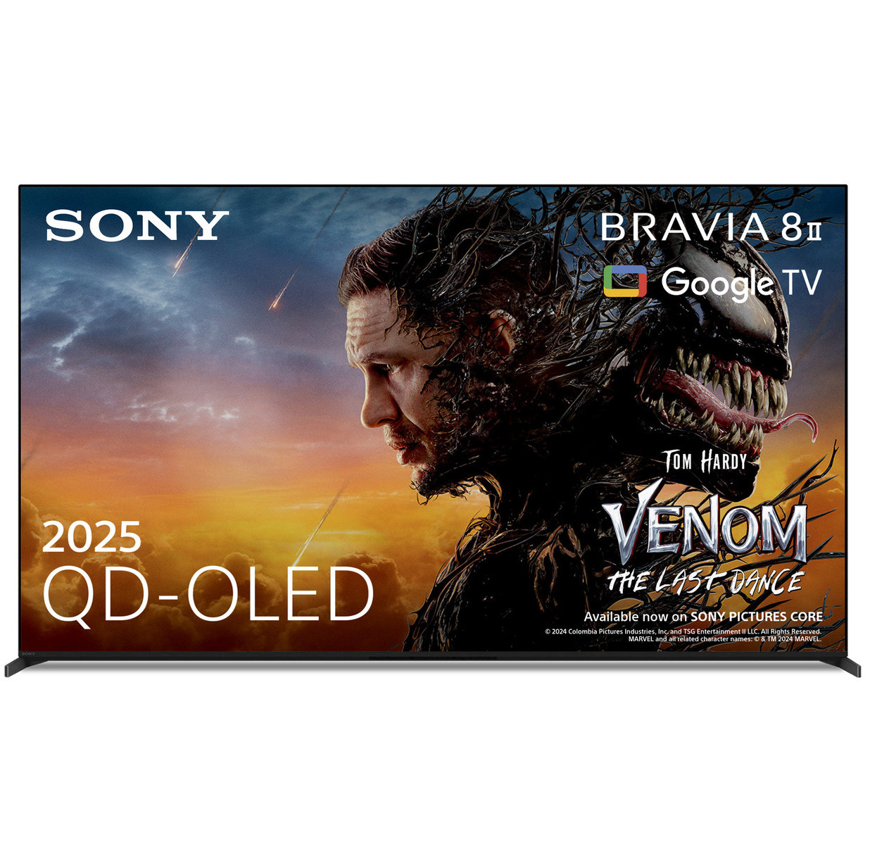 The 65-inch Sony Bravia 8 II OLED TV pictured against a white background. On the screen is a poster for Venom: The Last Dance