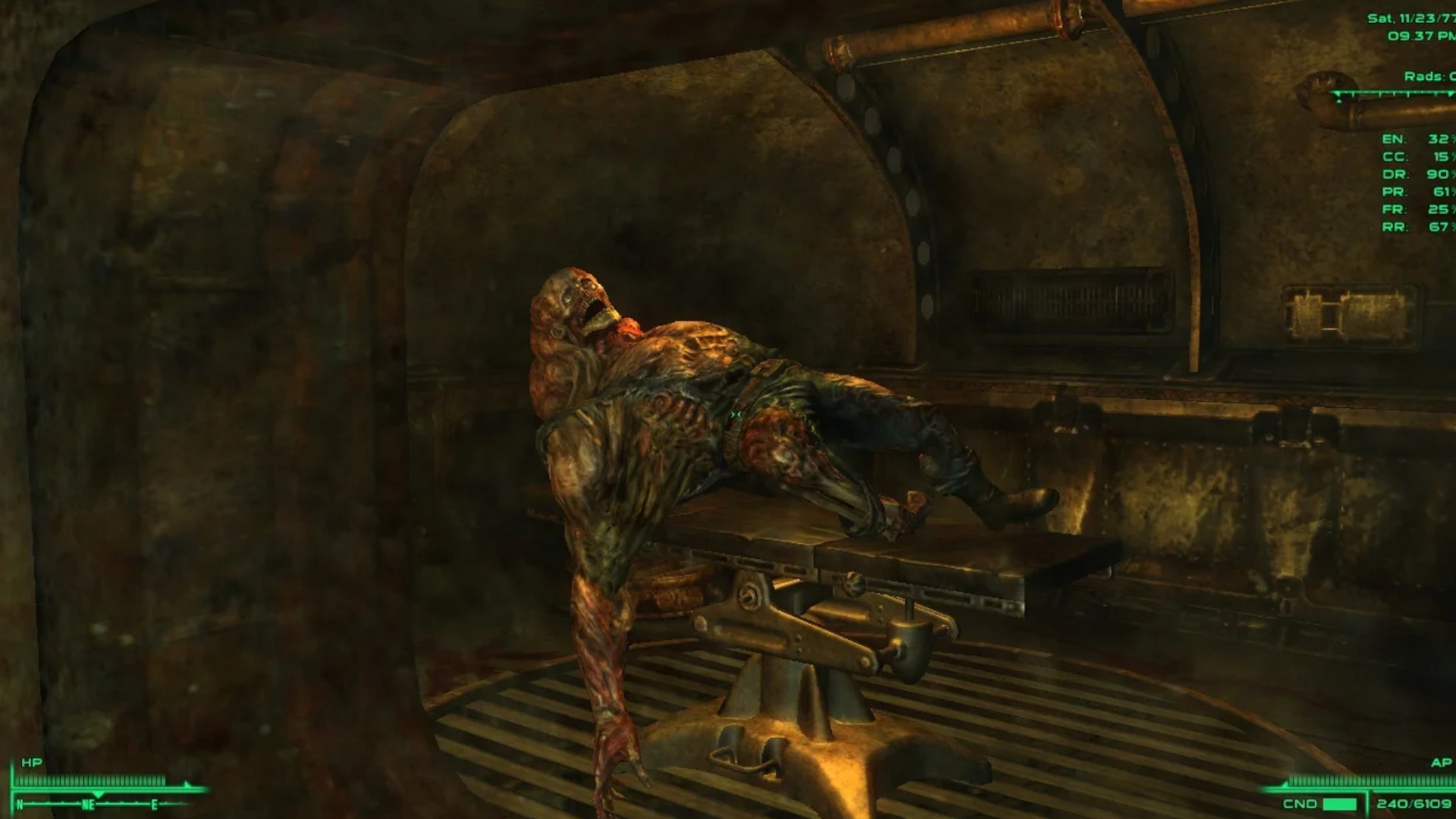 A mutant on a table in Vault 87 during Fallout 3