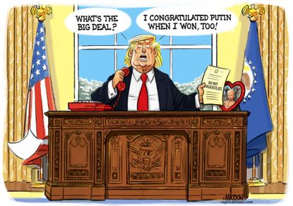 Political cartoon U.S. Trump Russian elections Putin congratulations 2016 election