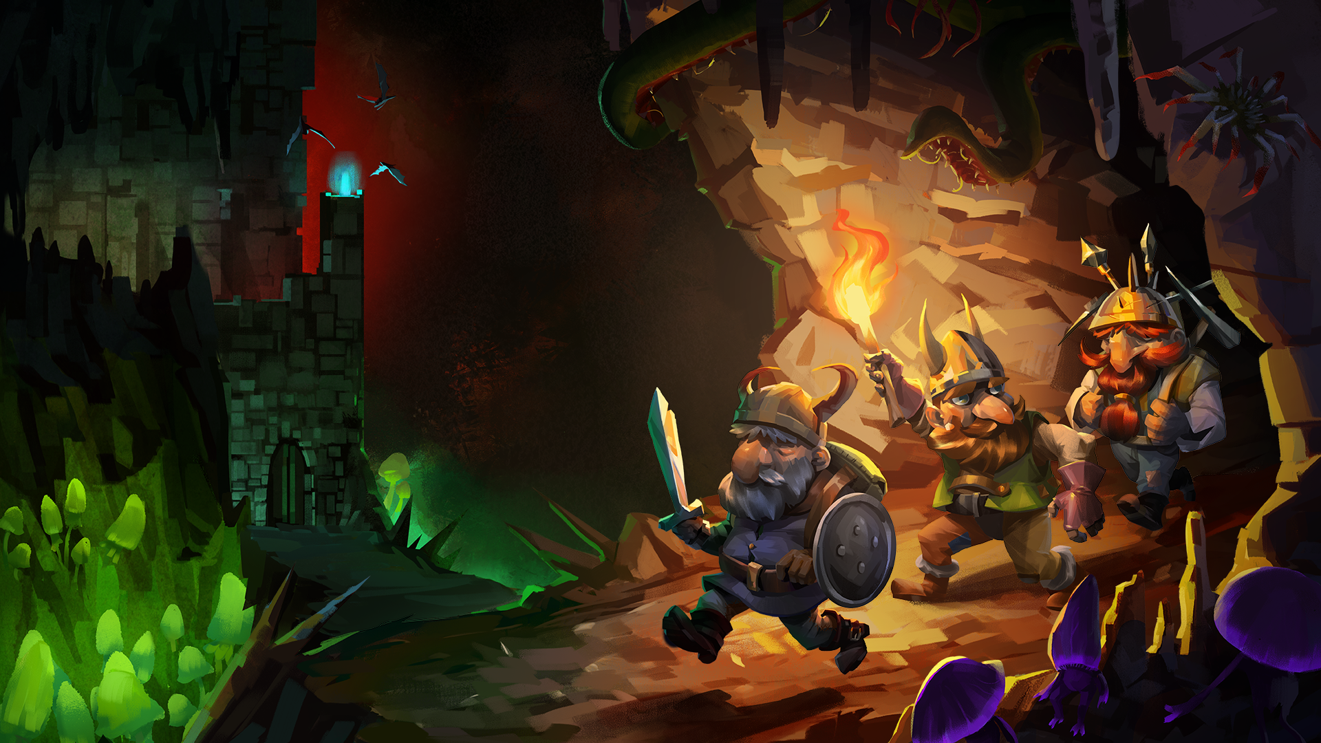 Three dwarves venture into a cave, wielding torches, swords, and mining equipment.