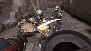 A screenshot of fighting knights with a sword in Grimlord on the Meta Quest 3