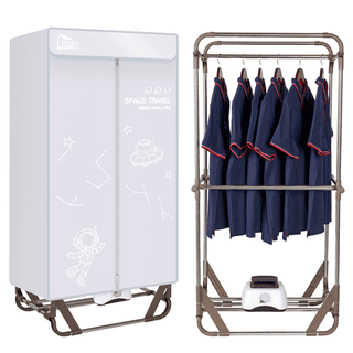 A metal clothes rail with blue shirts hanging from it, next to a large grey bag cover