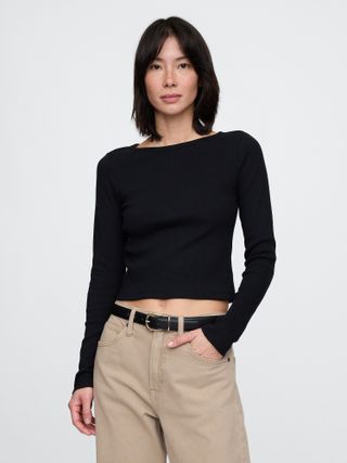 Gap, Heavyweight Rib Cropped Boatneck T-Shirt