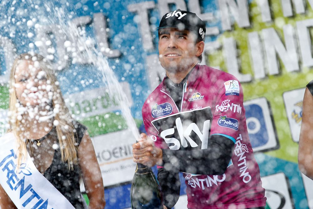 Mikel Landa (Team Sky) in the leader's jersey on the stage 3 podium