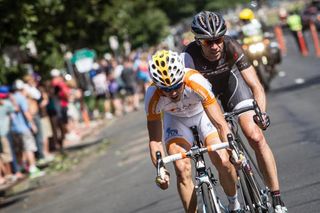 Javier Megias (Novo Nordisk) leads Jens Voigt (Trek) in the break on stage 7 of the USA Pro Challenge