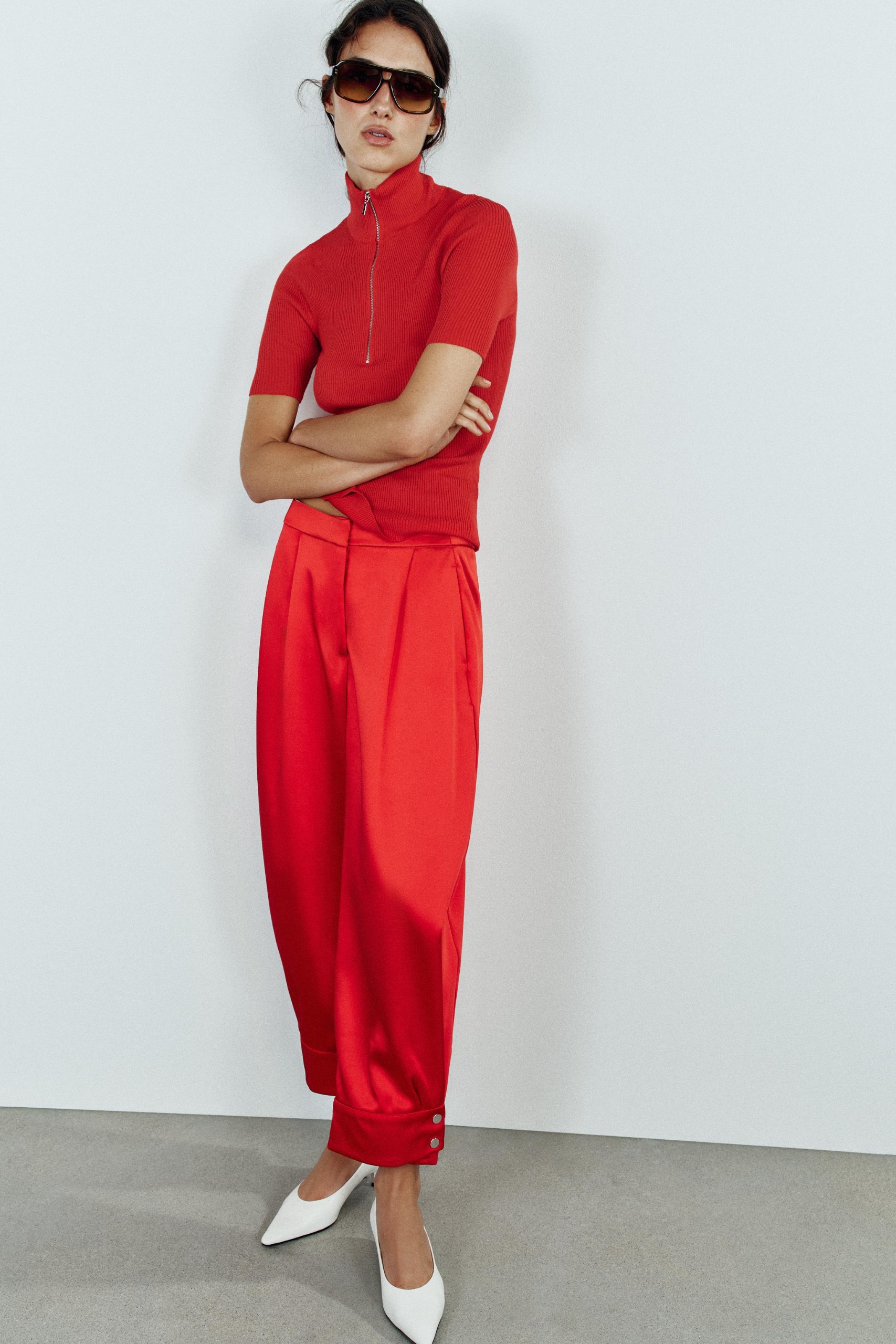 Satin Pants With Buttoned Hems - Red - Xs