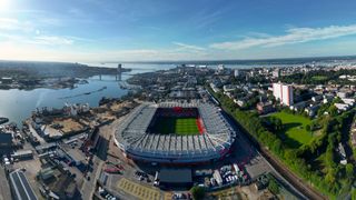 Aerial view of Southampton's St Mary's Stadium ahead of a game against Manchester United in September 2024.