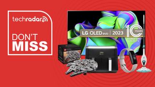 LG OLED TV, Lego, Tower air fryer, Vax mop and Fitbit on a red background