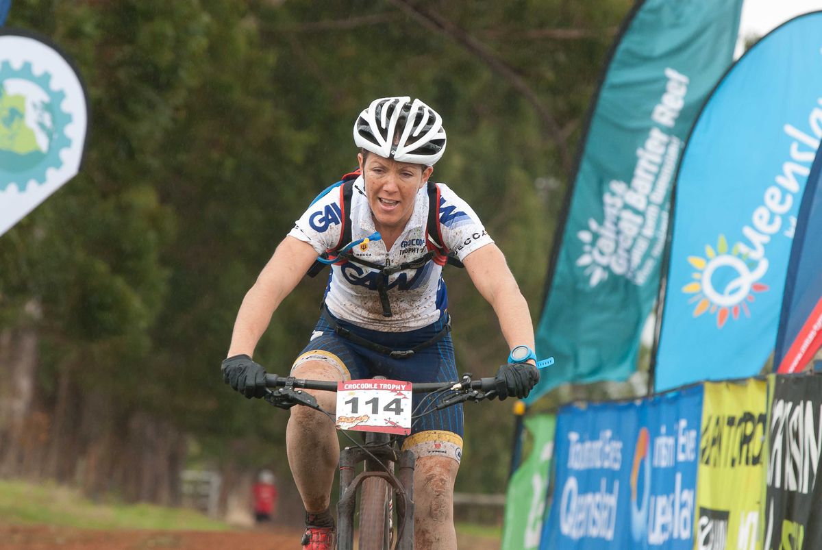Sarah White at the finish: Exhausted, but determined to keep her race lead