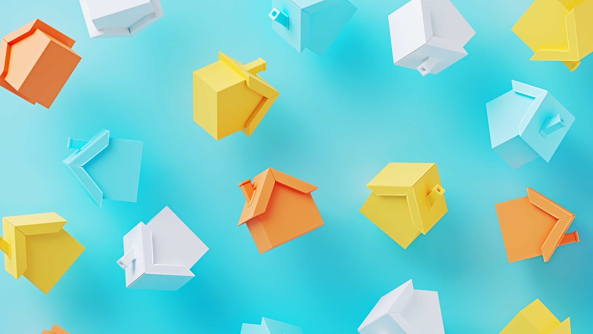 Little yellow, white and orange houses floating against a blue background.