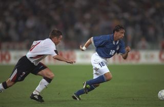 Enrico Chiesa in action for Italy against England in October 1997.