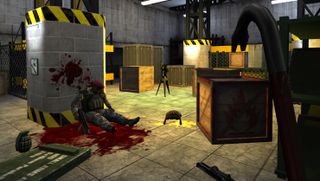 Black Mesa level showing crowbar and a dead soldier