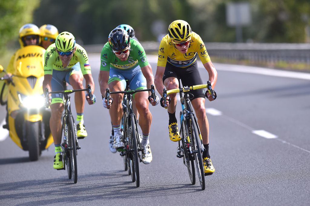 Chris Froome (Team Sky) driving the pace after the late attack on stage 11 to extend his lead at the top of the overall standings