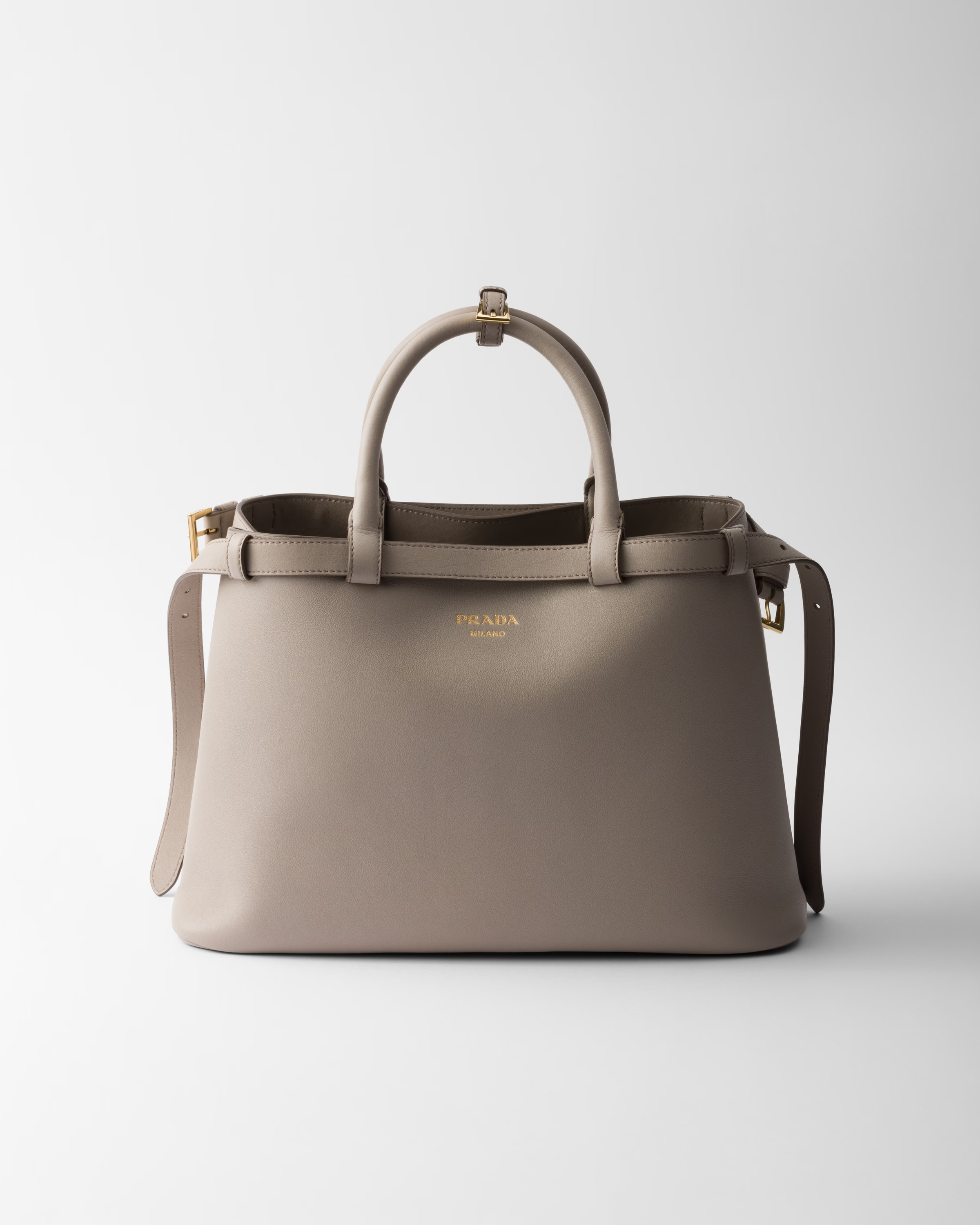prada, Buckle Medium Leather Handbag with Double Belt