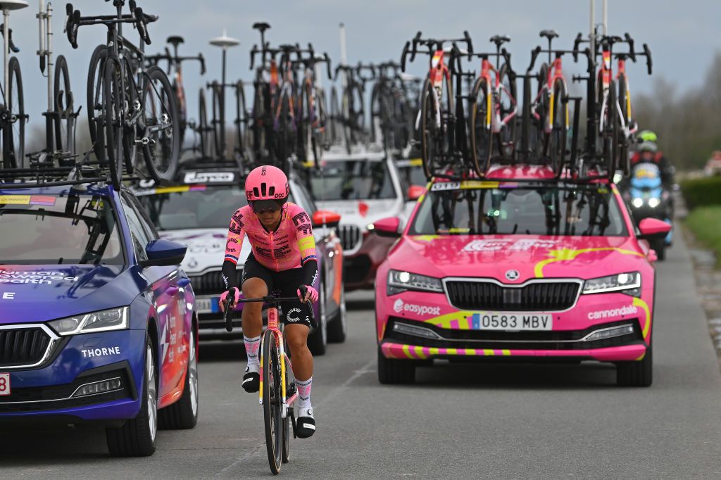 WEVELGEM BELGIUM MARCH 24 Coryn Labecki of The United States and Team EF EducationCannondale competes during the 13rd GentWevelgem in Flanders Fields 2024 Womens Elite a 1712km one day race from Ieper to Wevelgem UCIWWT on March 24 2024 in Wevelgem Belgium Photo by Luc ClaessenGetty Images