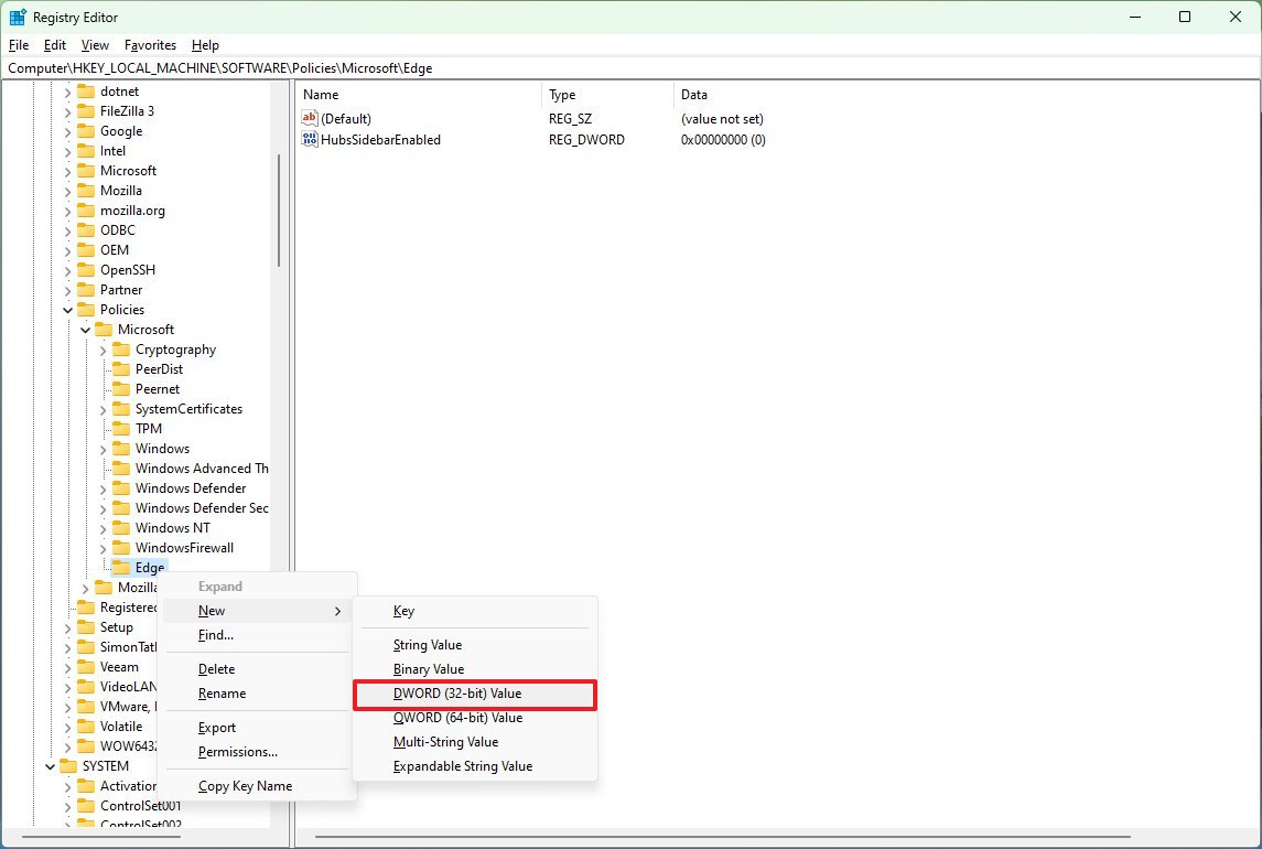 Registry Edge hub sidebar key