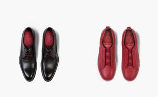An overview of a pair of black smart shoes and a pair of burgundy casual shoes.