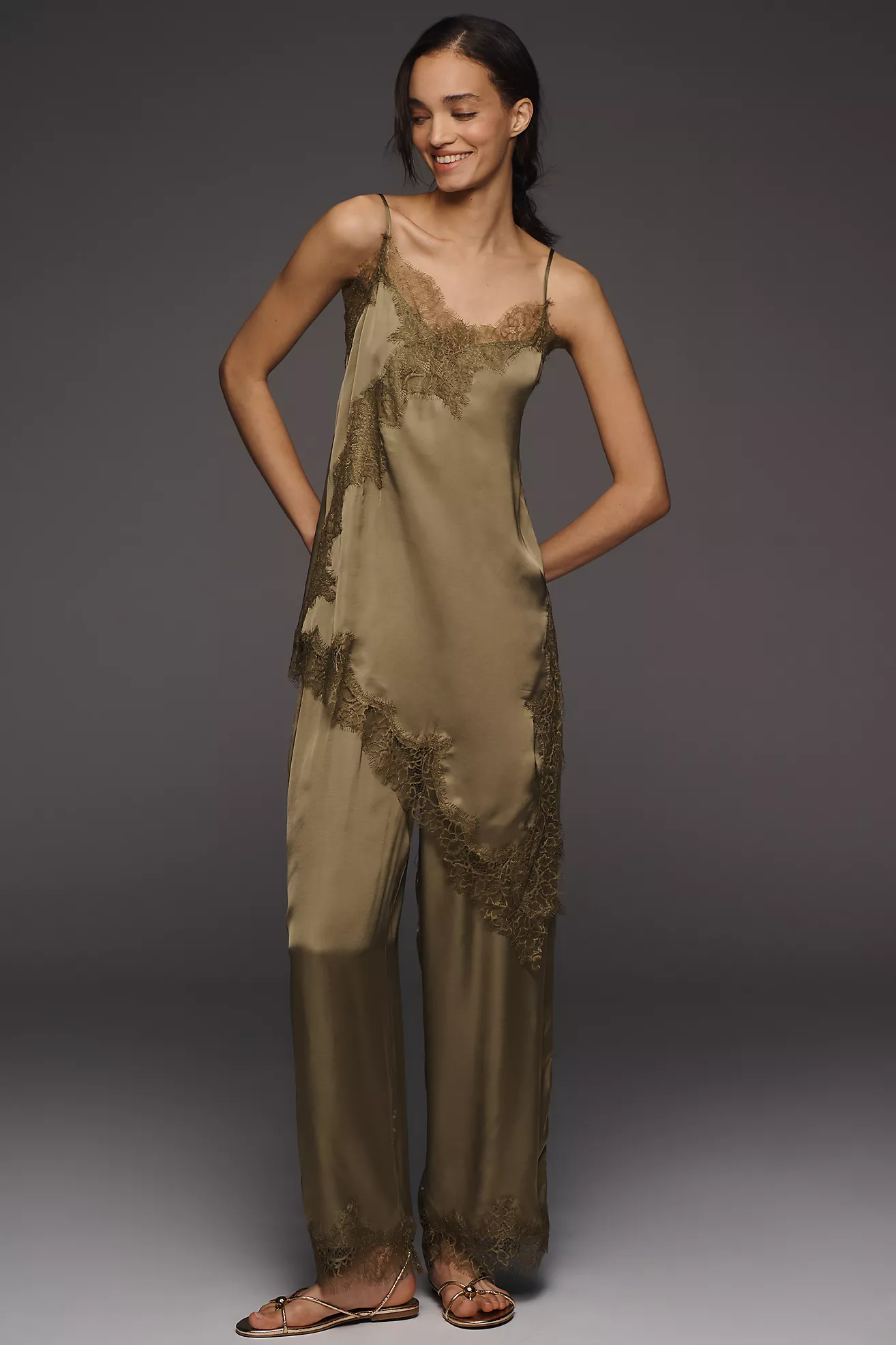 Lyrebird Satin Lace-Trim Wide-Leg Trousers