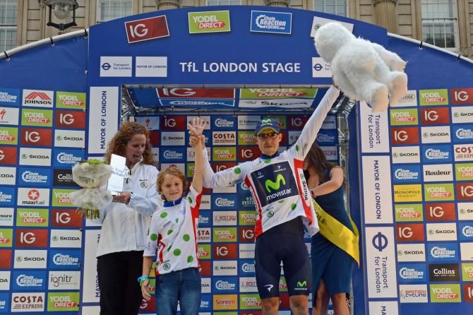 King of the Mountains winner Angel Madrazo Ruiz with school boy Harry Yates, who designed the jersey