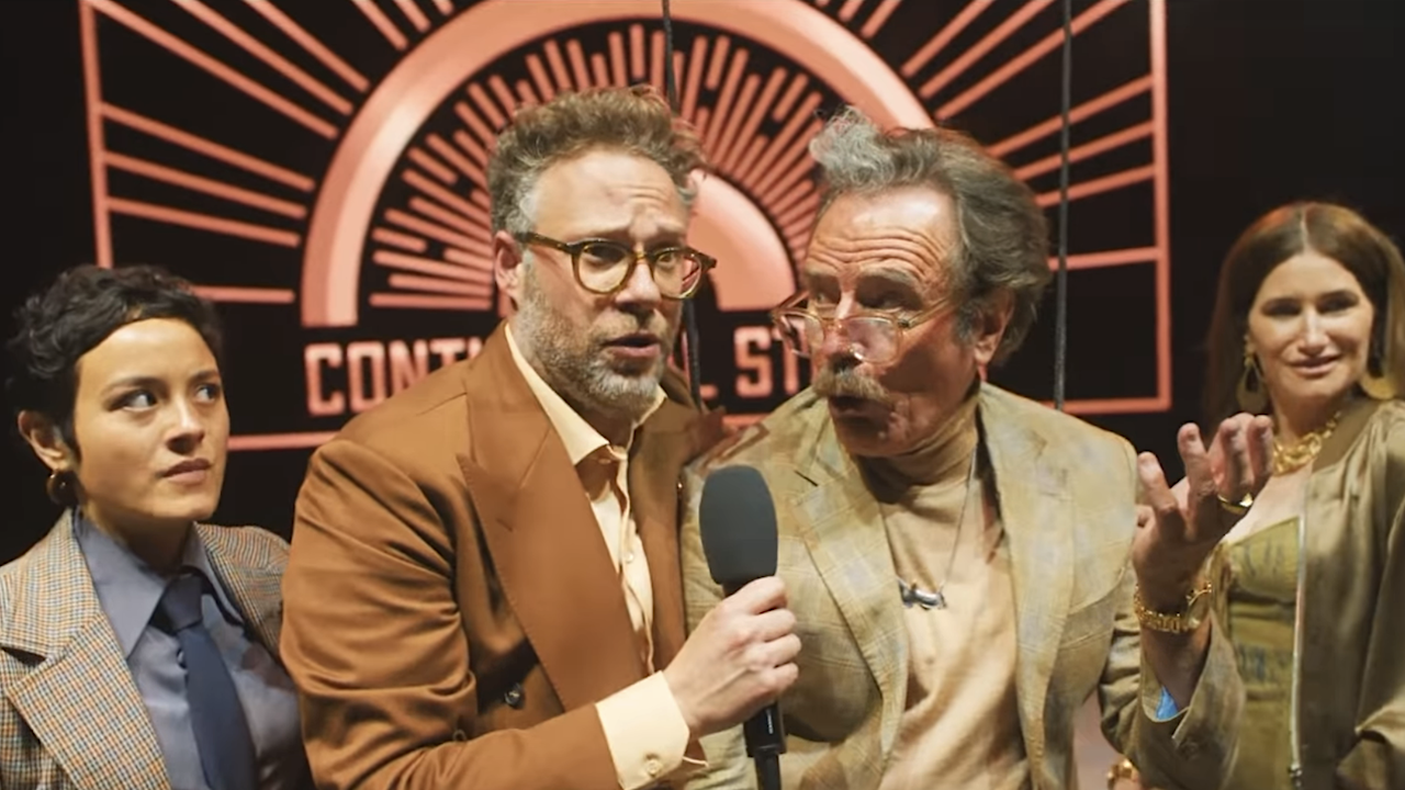 Matt and Griffin leading a 'Movies' chant on stage at CinemaCon in The Studio Season 1 finale