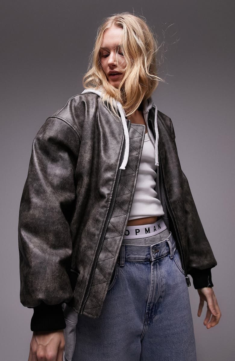 Faux Leather Hoodie & Bomber Combination Jacket