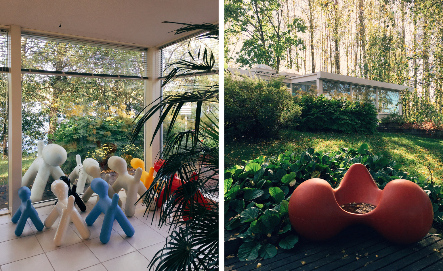 Left, a colourful ‘Puppy’ stools, Right, ‘Tomato’ chair